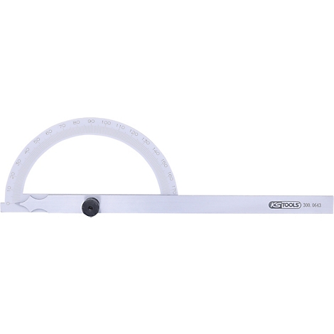 Ein weißes Winkelmesser aus Kunststoff und Metall. Auf der Skala sind die Winkel in Grad abgebildet.